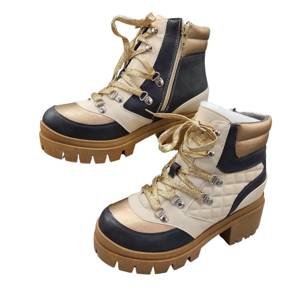Sugar calling hiker NIB black cream gold color block lug sole boots woman's‎ 8M